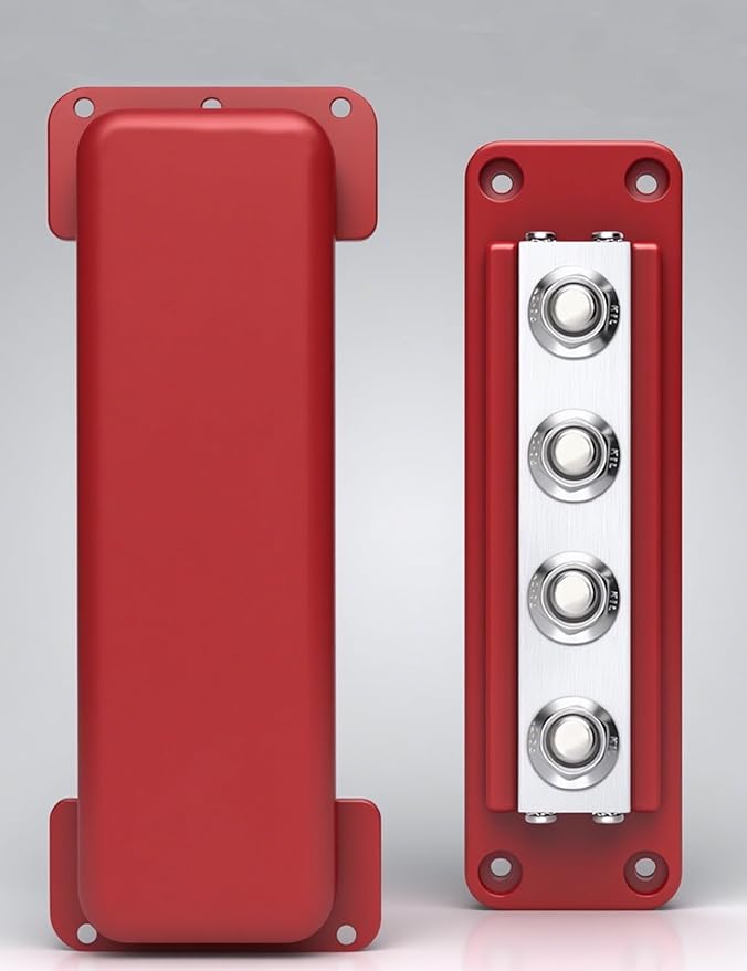 600A Heavy-Duty Bus Bar Nickel Plated Copper Distribution Terminal Block with Cover 4 M10 (3/8 in) Studs & 8 Screws Buss Bar for Solar RV Marine Car Audio 12-48V DC Battery System (Red)