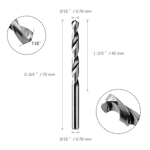 Solid Carbide Jobber Drill Bits 3/16" with Straight Shank and 118° Point Angle, Made from K20 Tungsten Carbide,Applications: for Stainless Steel Alloy Metal, 2pcs, by LU&MN