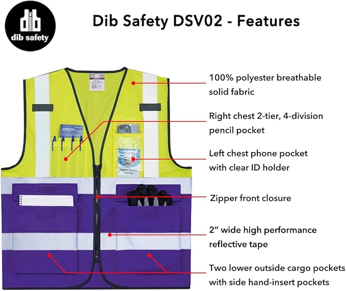 Dib Safety Reflective Vest High Visibility with Pockets and Zipper, Yellow and Purple M