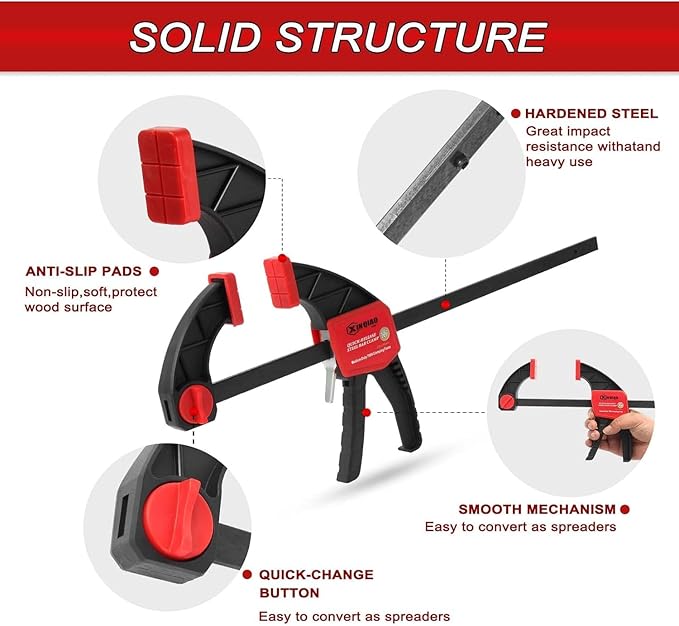 XINQIAO Bar Clamps for Woodworking 6 Inch (2) 12 Inch (2) Wood Clamps Set, One-Handed Spreader with 150 LBS for Stable and Reliable Fixing Solutions