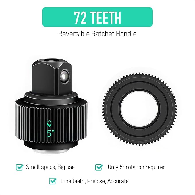 1/2 Inch Drive Ratchet Wrench, 72-Tooth Reversible Ratchet Quick Release, w/ 10 CR-V Steel Metric Sockets (10mm-24mm) and Extension Bar