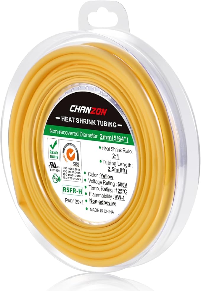 Chanzon 2:1 Ratio 5/64" (2mm) Heat Shrink Tubing 8Ft Roll (2.5M Total Length) Yellow Polyolefin Sleeving Wrap Shrinking 2 to 1 1pcs