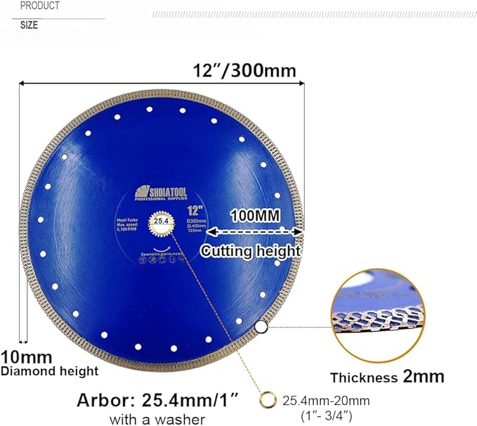 SHDIATOOL 12-Inch Diamond Saw Blade Cutting Disc for Porcelain Tile Ceramic Granite Marble Brick Turbo Cutting Wheel on Angle Grinder