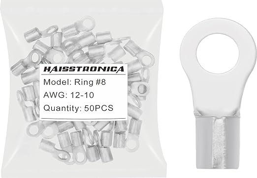 haisstronica 50pcs #8 Ring Terminals,AWG 12-10 Brazed Seam Non-Insulated Copper Wire Connectors