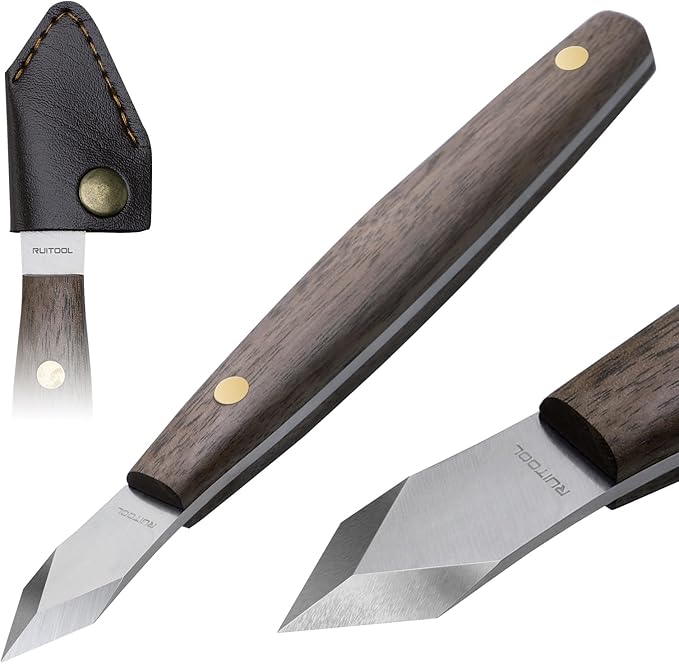 RUITOOL Marking Knife, Woodworking Scribing Knife with Leather Sheath, High Carbon Steel Double Beveled Blade Striking Knifes with Wooden Handle, Premium Quality Wood Scribe Tool for Carving