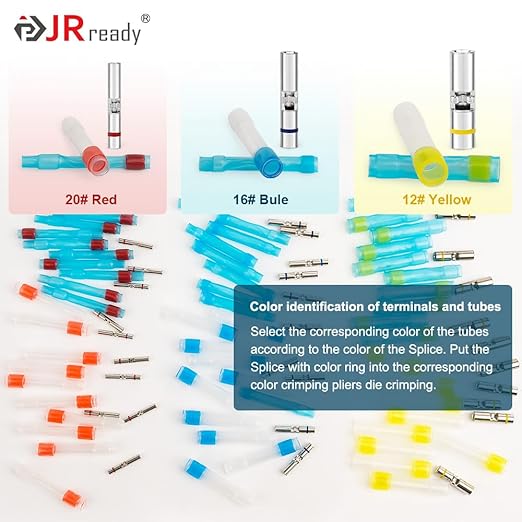 JRready ST6385-20-50 MiniSeal Crimp Splices 50Set Red Butt Splice Connectors 26-20 AWG (M81824/1-1) Wire-to-Wire Butt Terminals with Alternative Temp. PVDF/PE Tubes