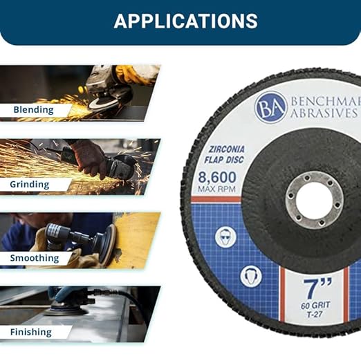 Benchmark Abrasives 7" x 7/8" Premium High Density Jumbo Zirconia Type 27 Flap Discs for Angle Grinder, 7 Inch Sanding Discs, Finishing, Deburring, Rust Removal - Grinding Wheels - (10 Pack) 60 Grit