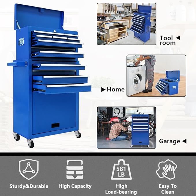 13-Drawer Tool Chest with Wheels,2 in 1 Detachable Rolling Tool Chests with Drawers,Large Tool Box with Lock,Mobile Steel Tool Cabinet Storage for Warehouse,Garage-Blue