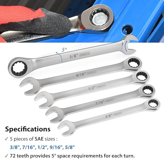 FIRSTINFO F3432SA Taiwan SAE Spline Box End Ratcheting Combination Wrench Set, Spanners with Anti-Slip V-Groove Open End | 5-piece | 72T | Lightweight | Mechanics Tray