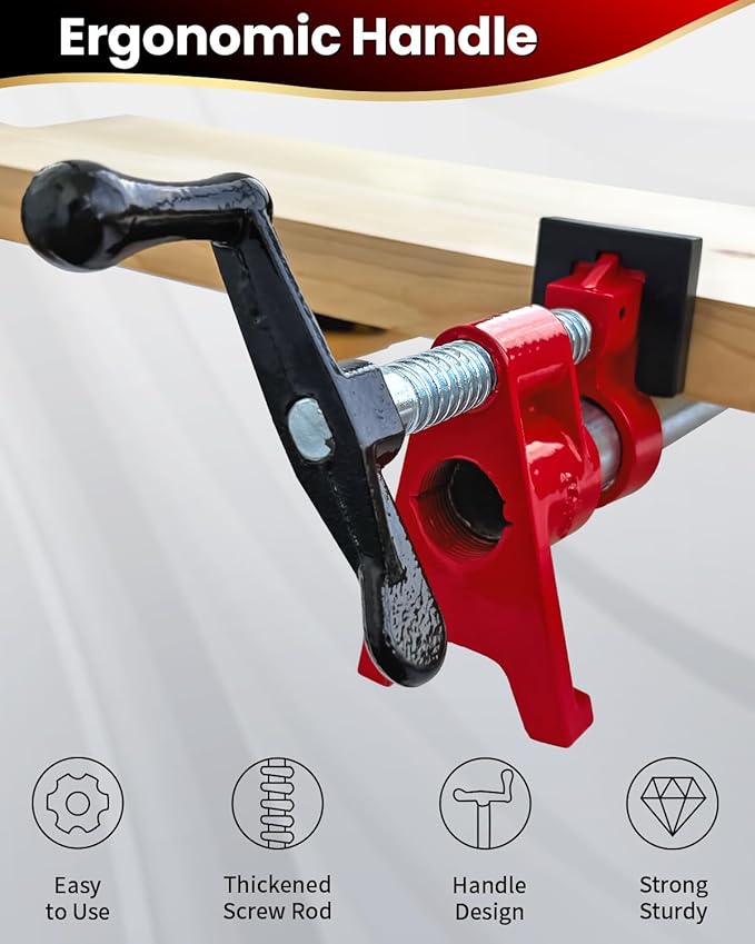 Pipe Clamps 3/4 inch 6 Pack Pipe Clamp with Unique Foot Ideal for Carpentry, Home Improvement, and DIY Projects Wood Gluing Clamps (Red, 3/4 IN with Pads)