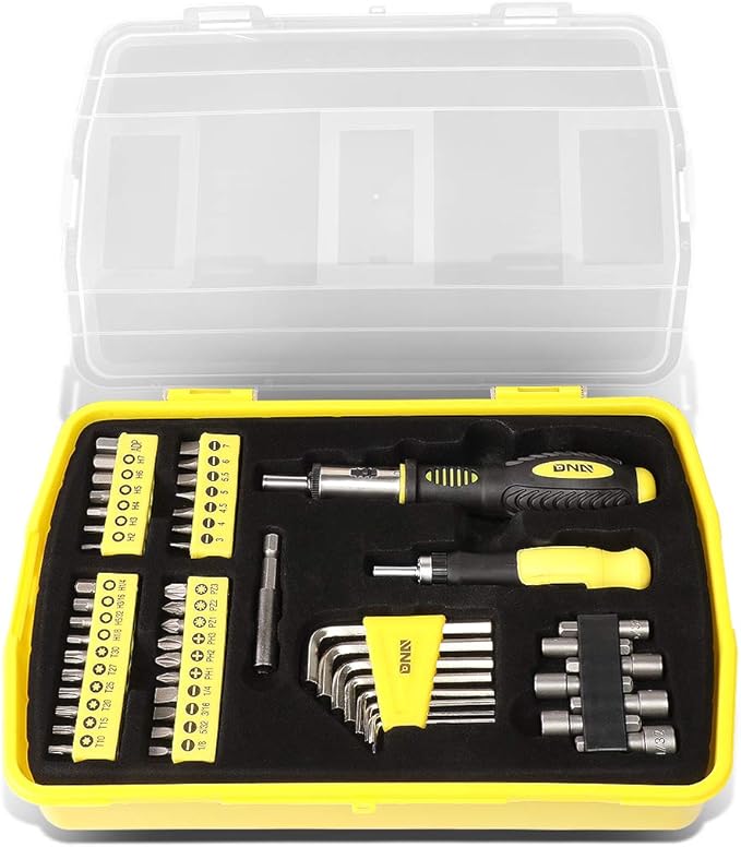 DNA MOTORING Universal Hand Tool Kit, Multi-Bit Screwdriver Hex Keys Set, Multibit Screw Driver with Screwdriver Bits, Nut Driver Set for SAE and Metric, Yellow, TOOLS-00038