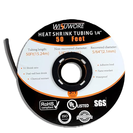 3:1 Heat Shrink Tubing with Adhesive Lining - UL & RoHS Certified, 1/4 Inch, 50 Feet Roll, Eco-Friendly, Flame Retardant, Industrial Grade for Cable Wire Protection - Black