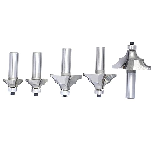 5Pcs Bearing Guided Bead Ovolo Bit Set,1/2" Shank Double Ribbed Ovolo Bits with Twin Arc,Rounding Over Radius 1/8”,5/32",9/32",5/16" and 3/8" for Wood Edging,Profiling,Molding