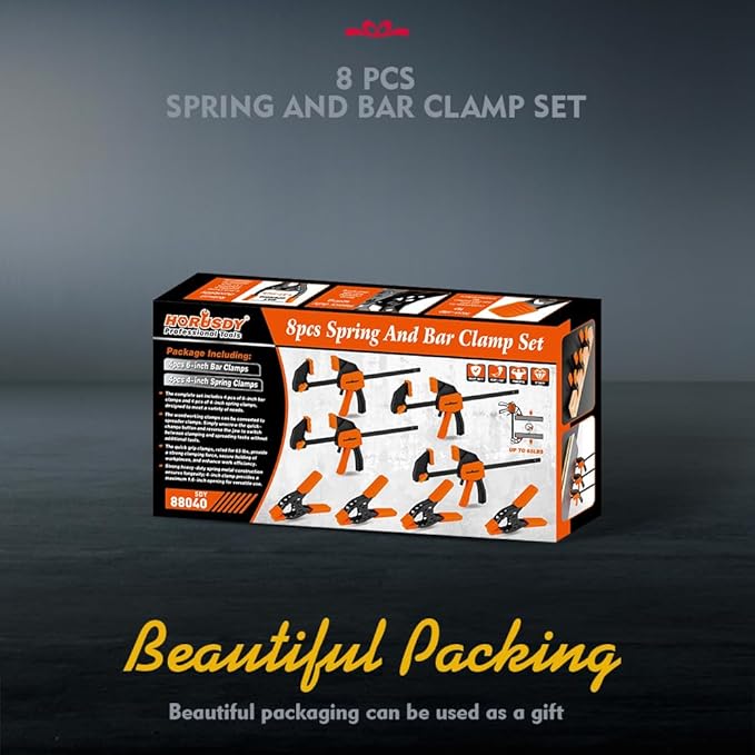 HORUSDY 8-Pack Bar and Spring Clamps for Woodworking - 4 Pieces 6" Bar, 4 Pieces 4" Spring, 75 LBS Load Limit, Quick F Clamp Set
