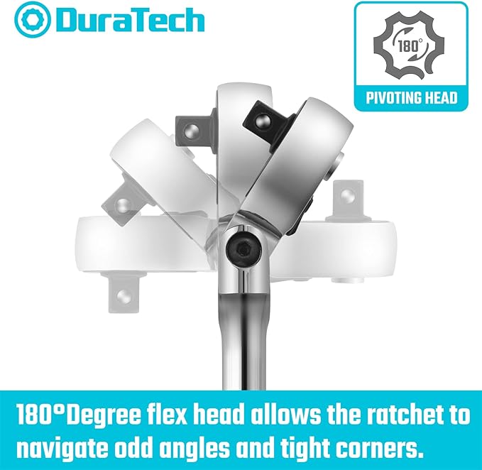 DURATECH 3/8" Drive Flex-Head Ratchet, 72-Tooth Ratchet Wrench, Quick-release, Reversible Switch, Full-Polished Chrome Plating, Alloy Steel