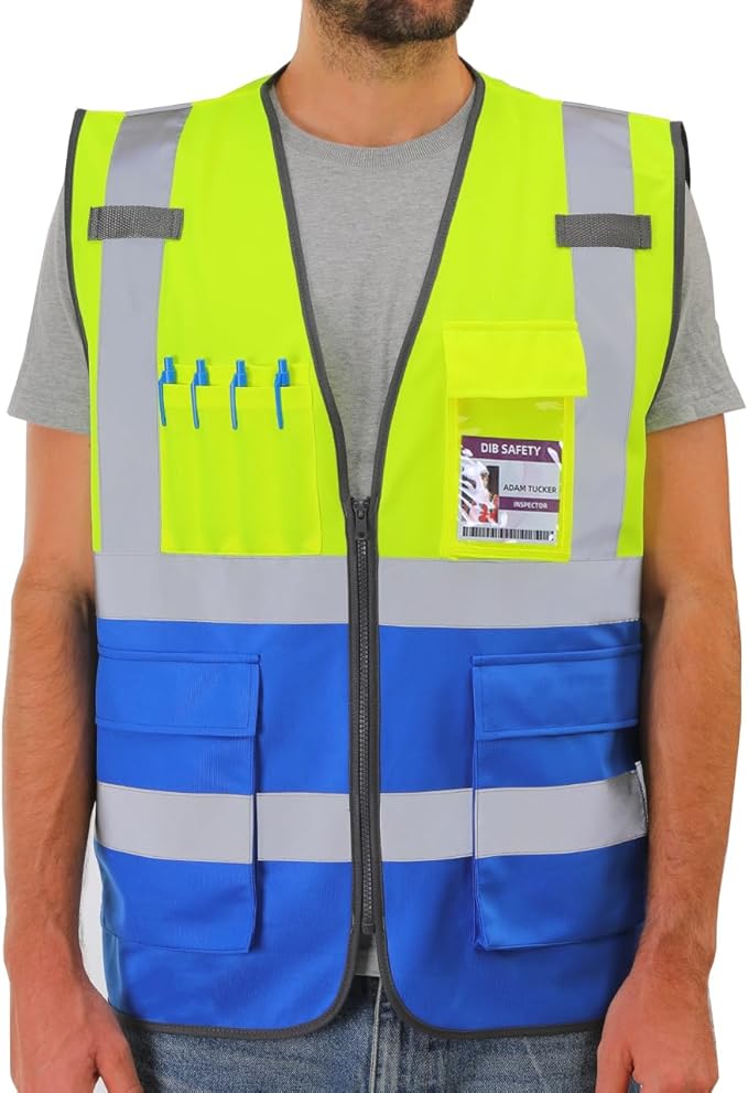 Dib Safety Reflective Vest High Visibility with Pockets and Zipper, Yellow and Blue L