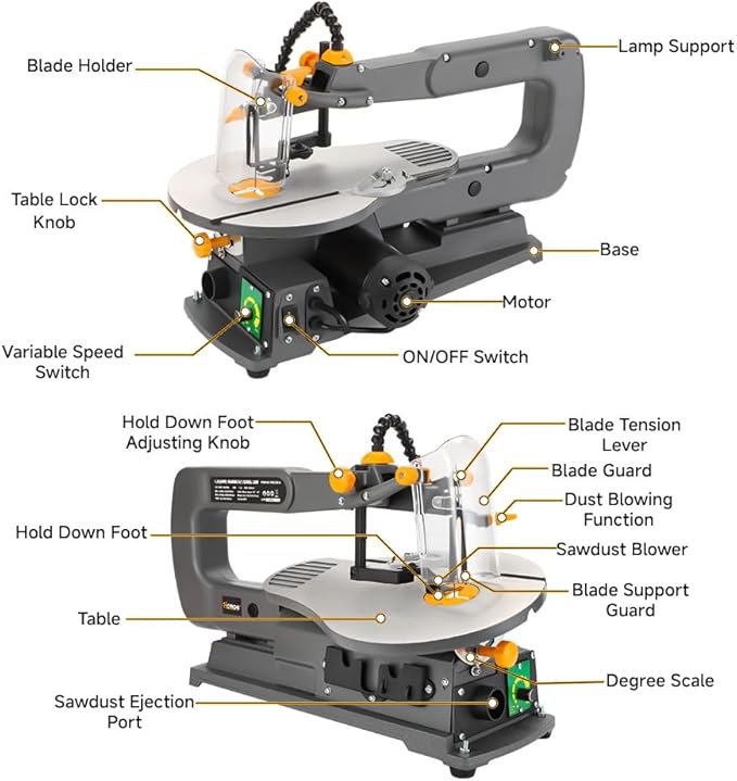 Hoteche 16-inch Power Scroll Saws for Woodworking, 1.2-Amp, Variable Speed, with Large Tilting Working Table and Integrated Dust Port