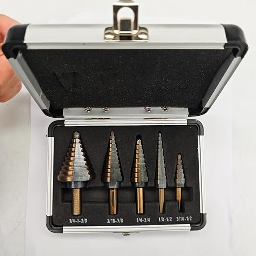 Step Drill Bits, 5PCS HSS Titanium Step Drill Bit Set,50 Sizes High Speed Steel Step Bits for with Aluminum Case