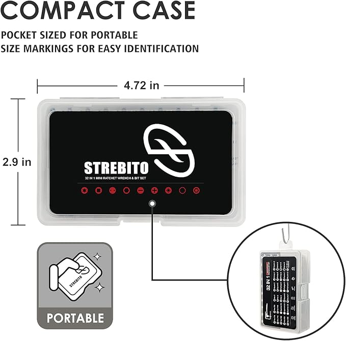 STREBITO Right Angle Screwdriver 32-Piece 1/4 Inch Mini Ratchet Set Low Profile Offset Bit Set with 72-Tooth Ratcheting Wrench Stubby Ratchet 90 Degree Screwdriver for Small Spaces