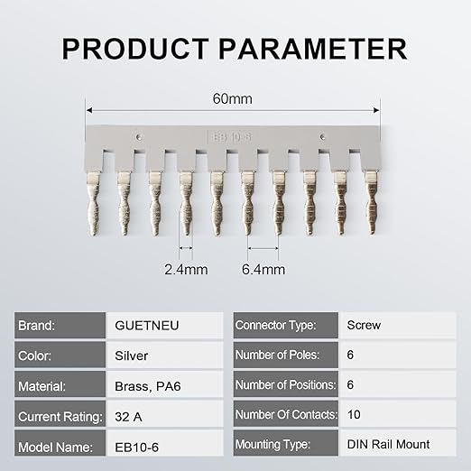 10 Pcs EB10-6 Terminal Bridge Connector, DIN Rail Side Plug-in Terminal Block, External Bridge Jumpers, Compatible with UK5N & UK2.5B