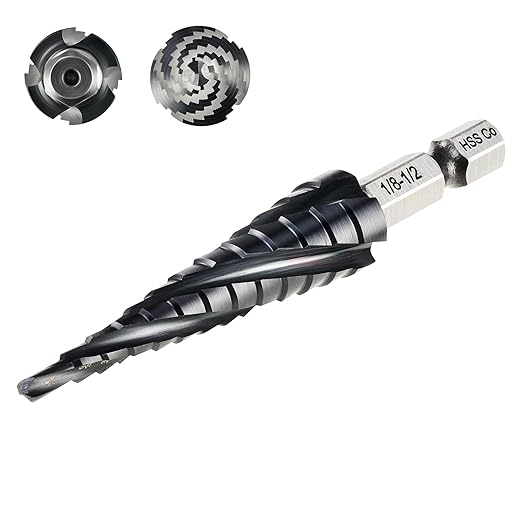 ZELCAN 13 Sizes M35 Cobalt Step Drill Bit, 1/8" to 1/2" Four Spiral Flute Step Drill Bit for Metal, Titanium-Coated HSS Step Bit with 1/4" Hex Shank for Stainless Steel Aluminum Copper Wood Plastic