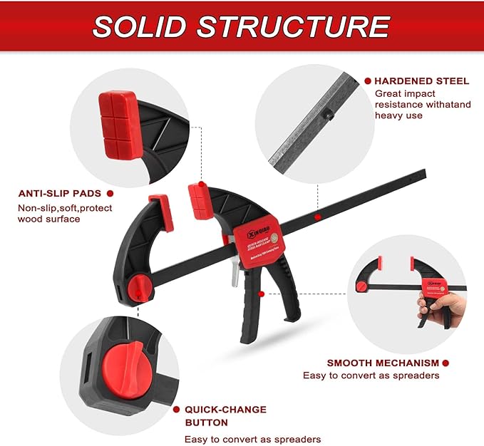 XINQIAO Bar Clamps for Woodworking 12 Inch (2) Wood Clamps Set, One-Handed Spreader with 150 LBS for Stable and Reliable Fixing Solutions