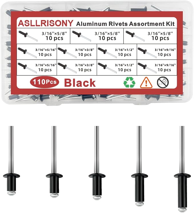 110Pcs Black 3/16" Pop Rivets Assortment Kit,5 Sizes Aluminum Rivets,Aluminum blind pro Rivets for DIY/Metal/Furniture/Instruments