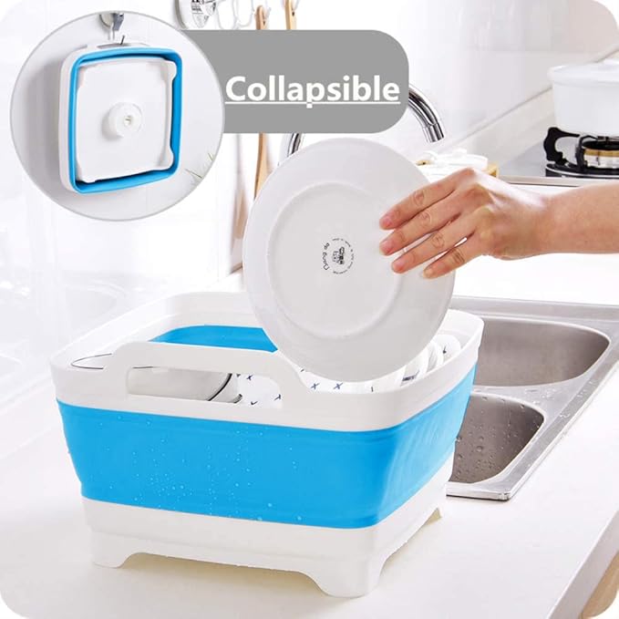 Dish Basin Collapsible with Drain Plug Carry Handles for 9 L Capacity, Collapsible Sink Tub, Dish Wash Basin, Portable Dish Tub, Foldable Dishpan for Camping Dish Washing Tub and RV Sink