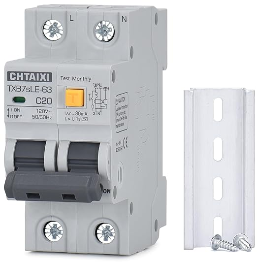 Ground Fault Circuit Breaker, 20 Amp 120V AC DIN Rail Mount Residual Current Circuit Breaker, Thermal-Magnetic Trip, Earth-Leakage Protection 30mA 1PN RCBO C20