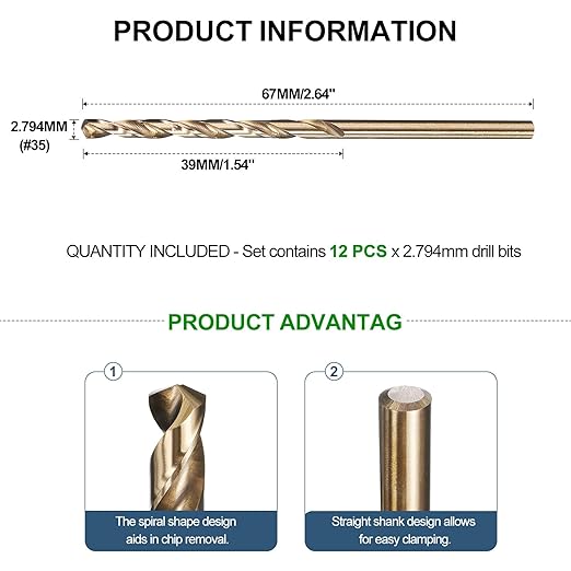 METALLIXITY Drill Bit (#35) 12Pcs, M2 High-Speed Steel Micro Number Bits Spiral Flute 135°Point Tip Gold Finish for Stainless Steel Iron Copper Aluminum Hard Metal