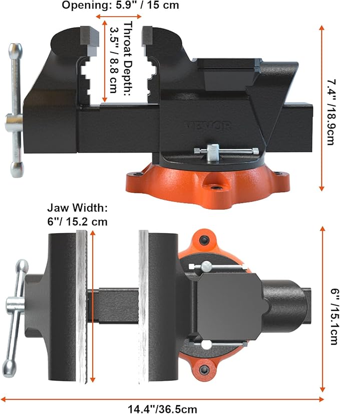 VEVOR Bench Vise, 6-inch Jaw Width 5.9-inch Jaw Opening, 360-Degree Swivel Locking Base Multipurpose Vise w/Anvil, Heavy Duty Ductile Iron Workbench Vise w/Bolts & Nuts, for Drilling, Pipe Cutting
