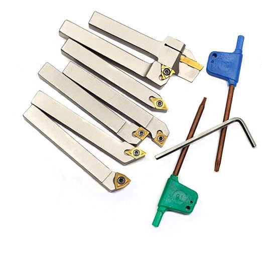 OSCARBIDE 3/8" Shank Heavy-Duty Indexable Lathe Tool Holder 7 pcs Set,CNC Nickel Plated Metal Lathe Cutting Tools for Turning, Grooving, Threading with Tin Coated Carbide Inserts