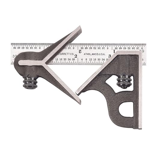 Starrett Steel Combination Square with Square Head and Center Head - 4" Blade Length, Cast Iron Heads, Hardened Steel, Reversible Lock Bolt, 4R Graduation Type - C11HC-4-4R