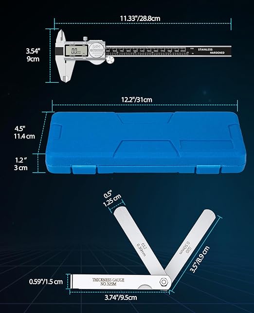 Digital Caliper, (ABS) Absolute Scale Caliper 8in, IP54 Electronic Measuring Tool, Inch/MM/Fraction, Auto-Off LCD Stainless Steel Waterproof Micrometer Vernier Caliper, with Feeler Gauges