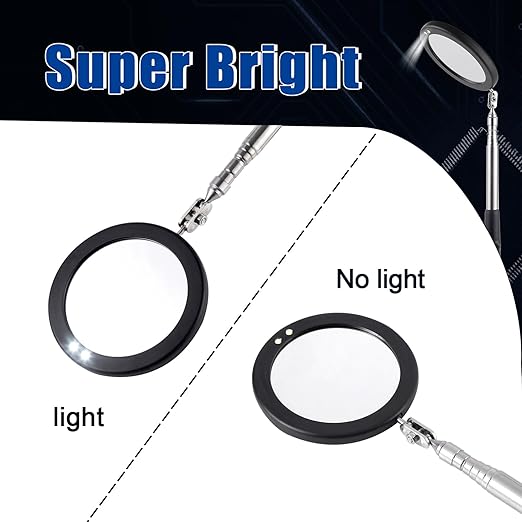 Telescoping Inspection Mirror LED Light with Large 3.75 Inches Round Mirror, 39.4 Inches Extendable, Flexible 360 Swivel, for Inspection Viewing, Mechanic Checking, Observation