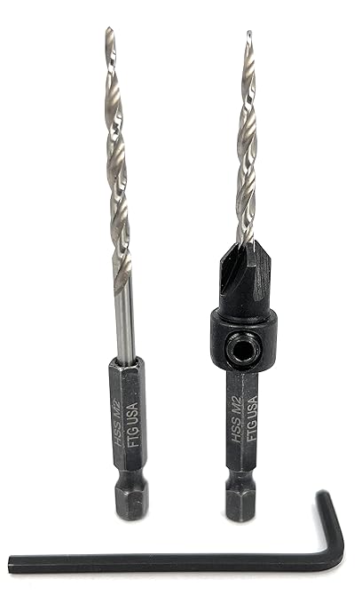 FTG USA Adjustable Wood Countersink Drill Bit #6 (9/64") with 1 Tapered Drill Bit for Woodworking