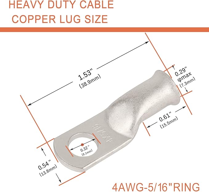 10pcs 4 AWG-5/16(M8) Tinned Copper Ring Terminals Battery Lugs, Heavy Duty Wire Lugs, Battery Cable Connectors
