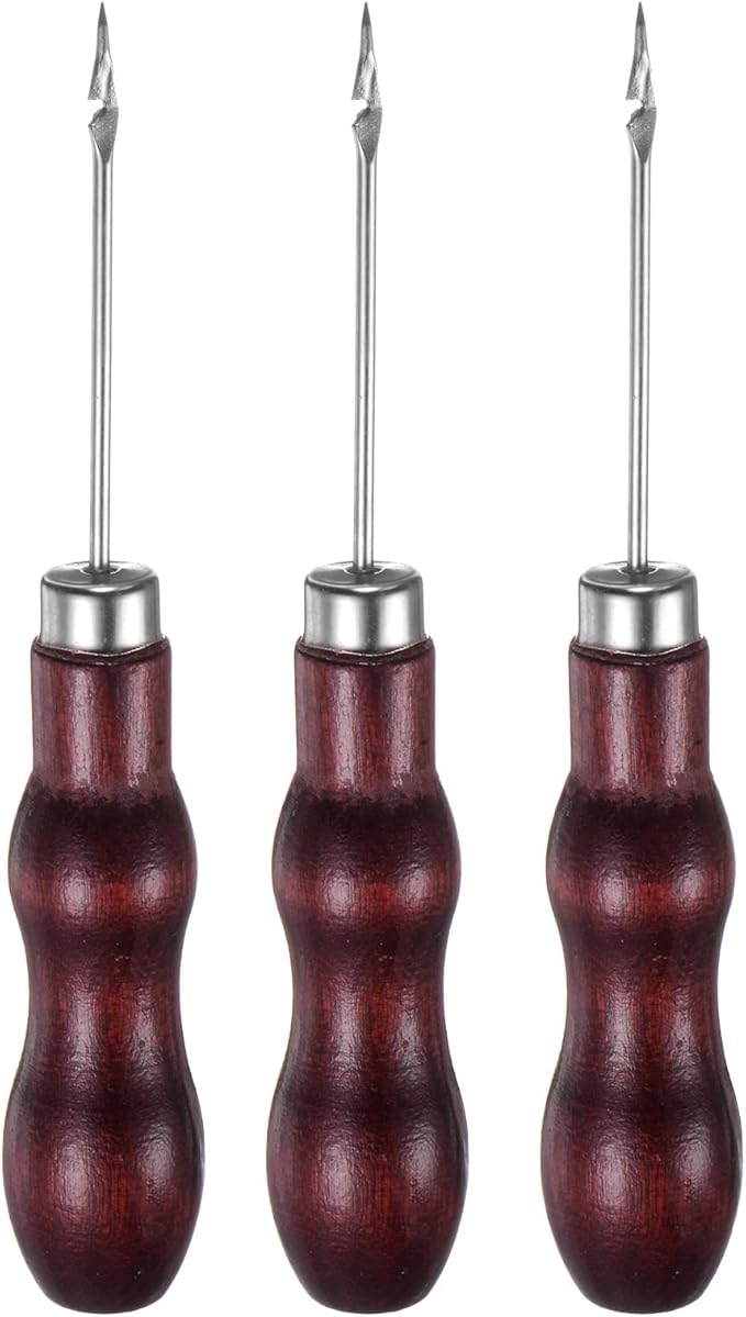 HARFINGTON 3pcs Handwork Sewing Awl Double Gourd Hook Head Awl Leather Punch Hole Tool with Wooden Handle Scratch for Broken Wire Drilling Stitching Repair and DIY Handmade, Rosewood Color