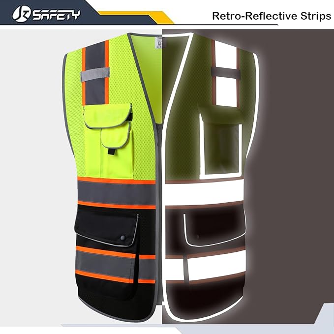 JKSafety 9 Pockets Hi-Vis Fluorescent Color Mesh Reflective Safety Vest for Men Women | Chaleco de seguridad para hombres y mujeres (100-Yellow-Black 5XL)