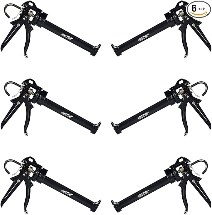 AWF PRO Heavy Duty Caulk Gun, 18:1 Thrust Ratio, Steel Frame Construction, Rotating Barrel, Ladder Hook, Puncture Tool & Dripless Pressure Release Tab (Pack of 6, 10 oz Caulking Gun)
