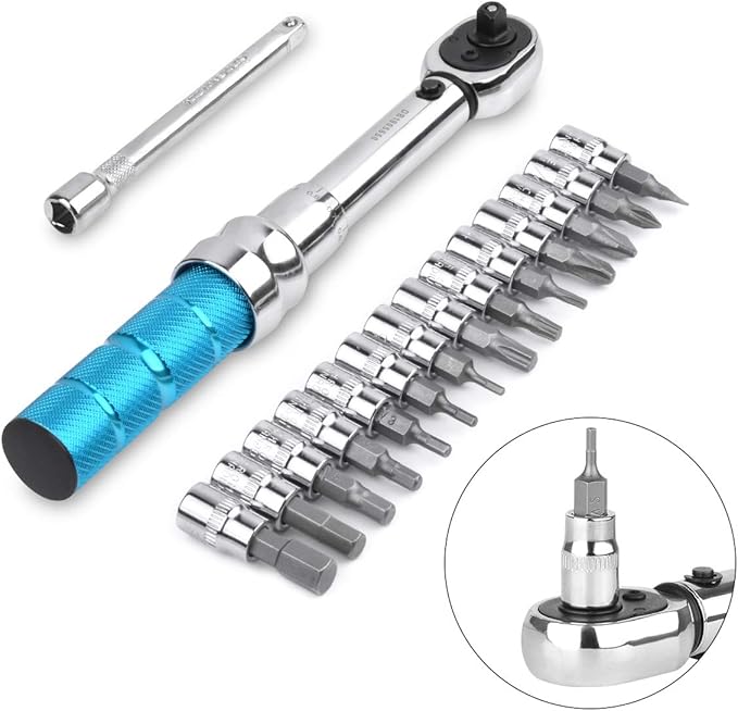 COTOUXKER Bike Torque Wrench Set, 1/4 Inch Drive Torque Wrench 2 to 14 Nm Bicycle Tool Kit for MTB Mountain Road Bikes with Allen Key, Torx Sockets, Extension Bar