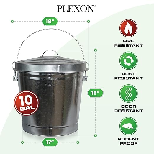 Plexon Silver 10 Gallon Trash Can with Lid Galvanized Steel Stylish Metal Trash Bin Outdoor for Kitchen, Patio, and Camping