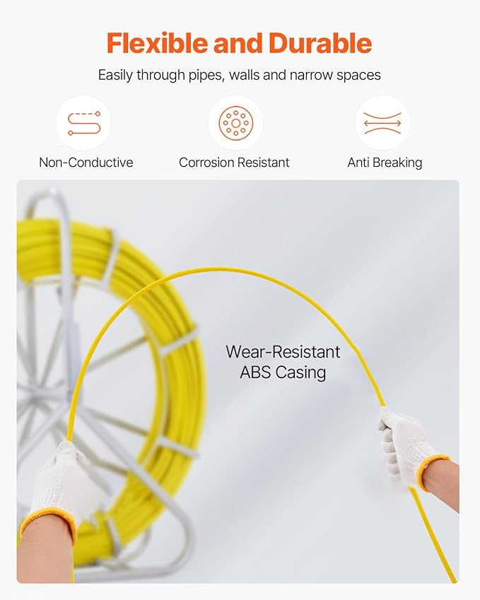 VEVOR Fiberglass Fish Tape 425 FT x 1/4 inch, Fish Tape Duct Rodder Puller with Durable Steel Stand, Non-Conductive Fishtape Wire Cable Running Rod for Walls, Floor and Electrical Conduit