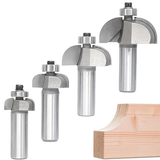 4pcs Cove Router Bit Set,1/2" Shank,Radius 3/16",1/4",7/16", and 9/16",Cove Edging Cutter for Wood Profiling,Routing,Molding