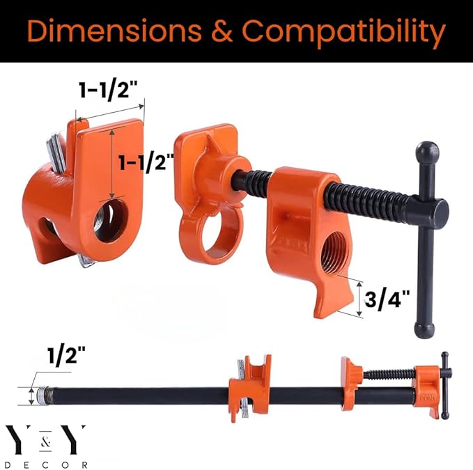 Y&Y Decor 4 Pack 1/2" Pipe Clamps for Wood Gluing, Heavy Duty Cast Iron, Professional Woodworking Tools