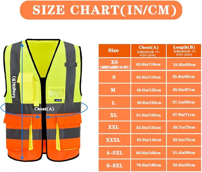 4XL-5XL High Visibility reflective Safety Vest with Pockets and Zipper, Yellow&Orange Color Mixed