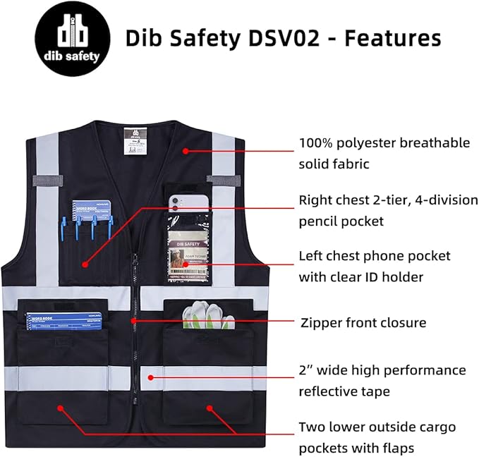 Dib Safety Reflective Vest High Visibility with Pockets and Zipper, Black L