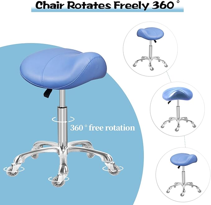 Saddle Stool Rolling Ergonomic Swivel Chair for Dental Office Massage Clinic Spa Salon,Adjustable Hydraulic Stool with Wheels (Without Backrest, Blue)