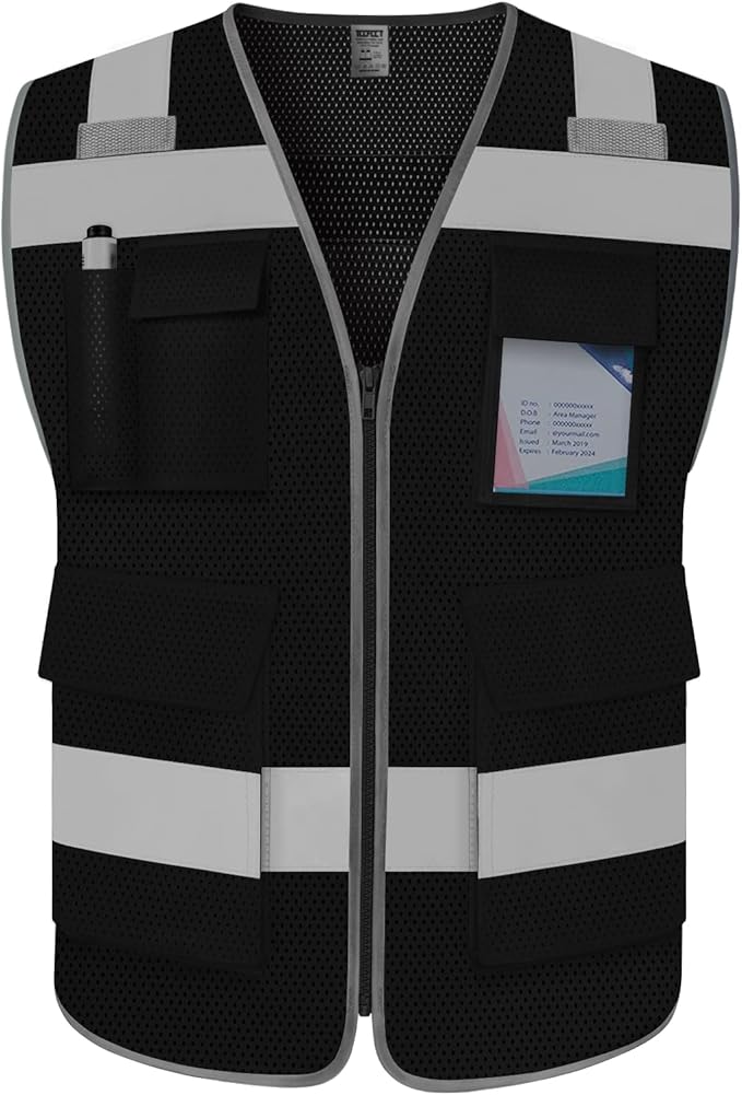 TCCFCCT Mesh Hi Vis Vest 5 Pockets High Visibility Reflective Safety Vest for Men Women, Neon Construction Vest with Horizontal Strip for Walkie-talkie and ID Card, Meets ANSI/ISEA Standards, Black, 3XL