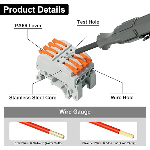 5Pcs DIN Terminal Blocks, 4 Conductor Compact Wire Conductor Splicing Connectors, KV223 Lever Wire Connectors for AWG 28-12, 600V 32A